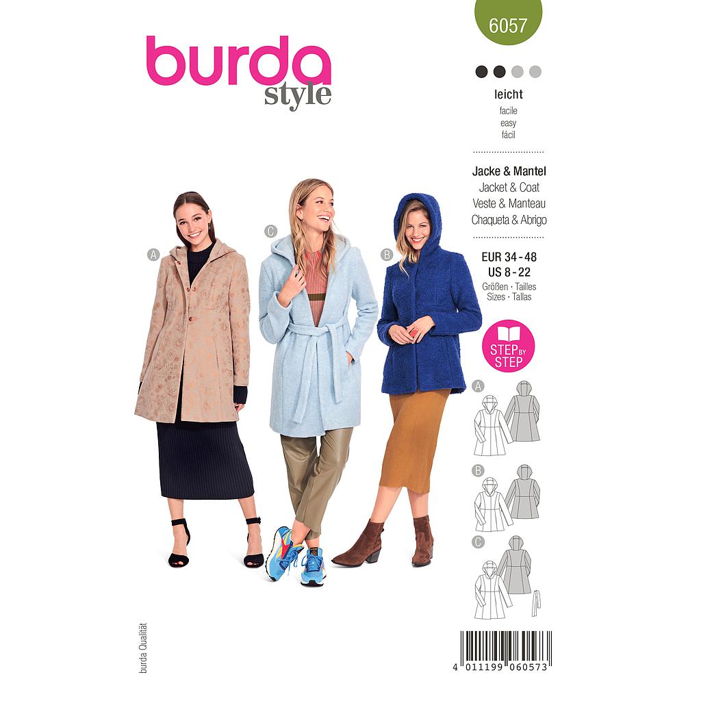 Patron Burda 6057- Manteau, veste avec découpes et capuche du 36 au 50