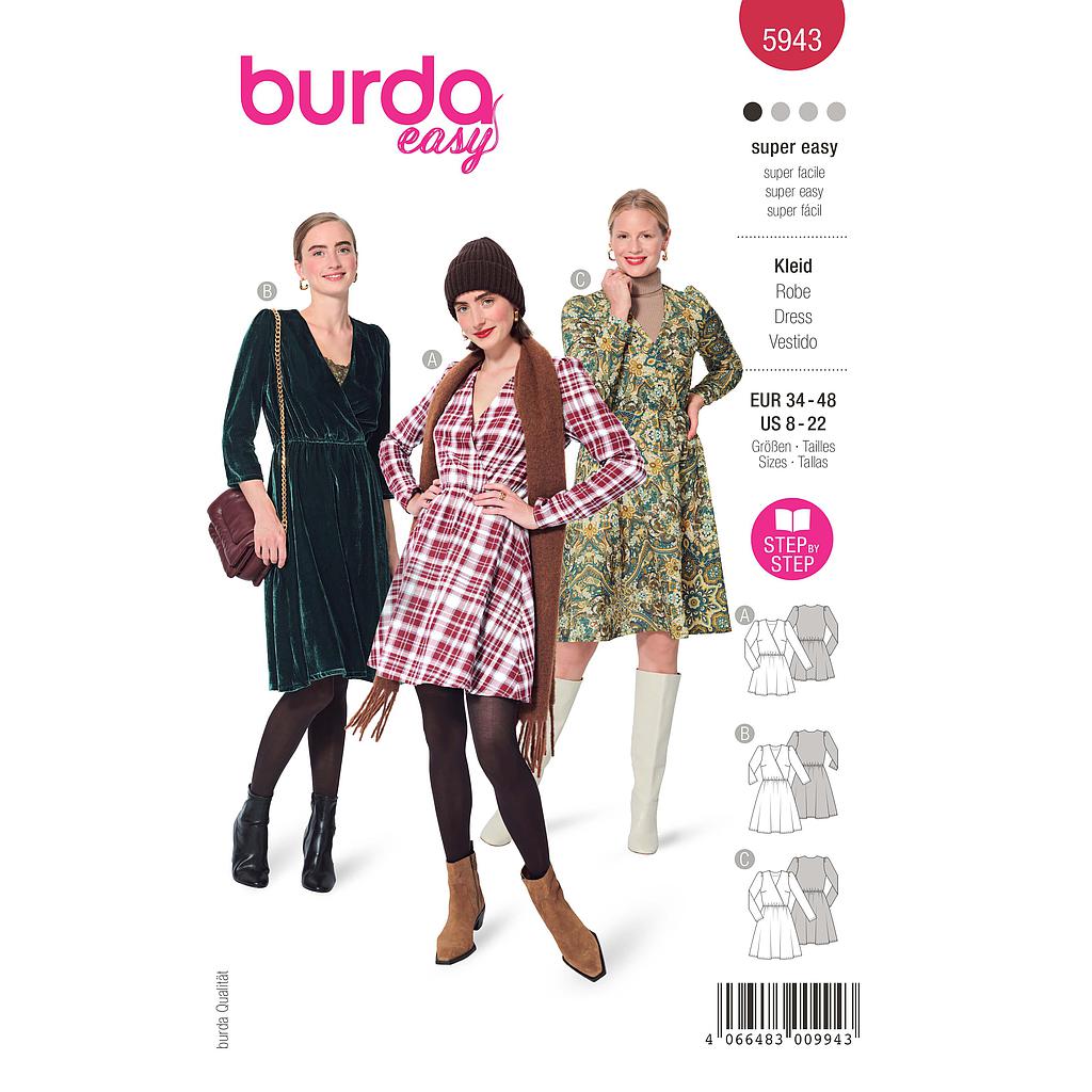 Patron Burda 5943 - Robe junévile avec effet croisé &amp; jupe ample du 36 au 50 (FR)#