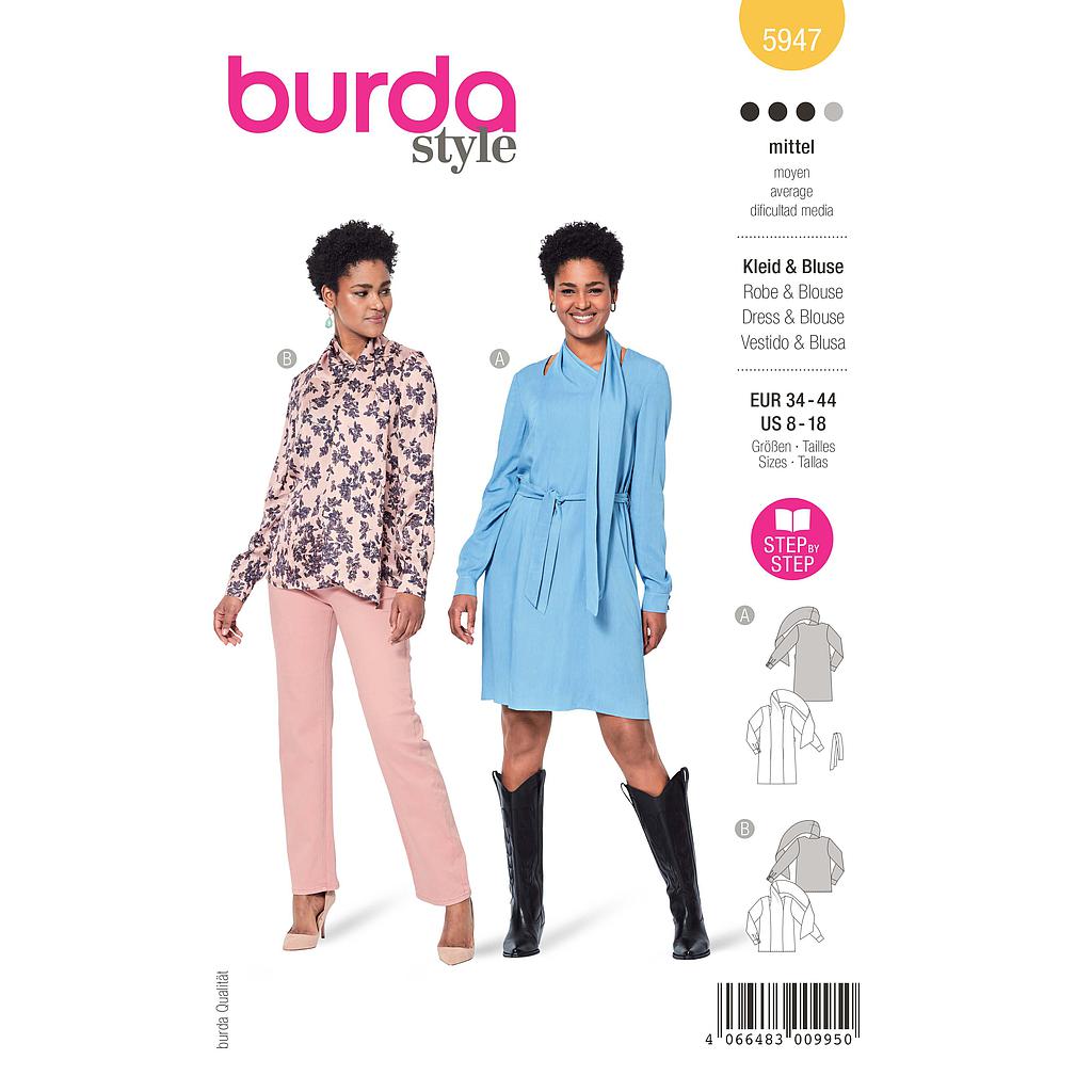 Patron Burda 5947 - Robe &amp; blouse avec long col châle du 36 au 46 (FR)#