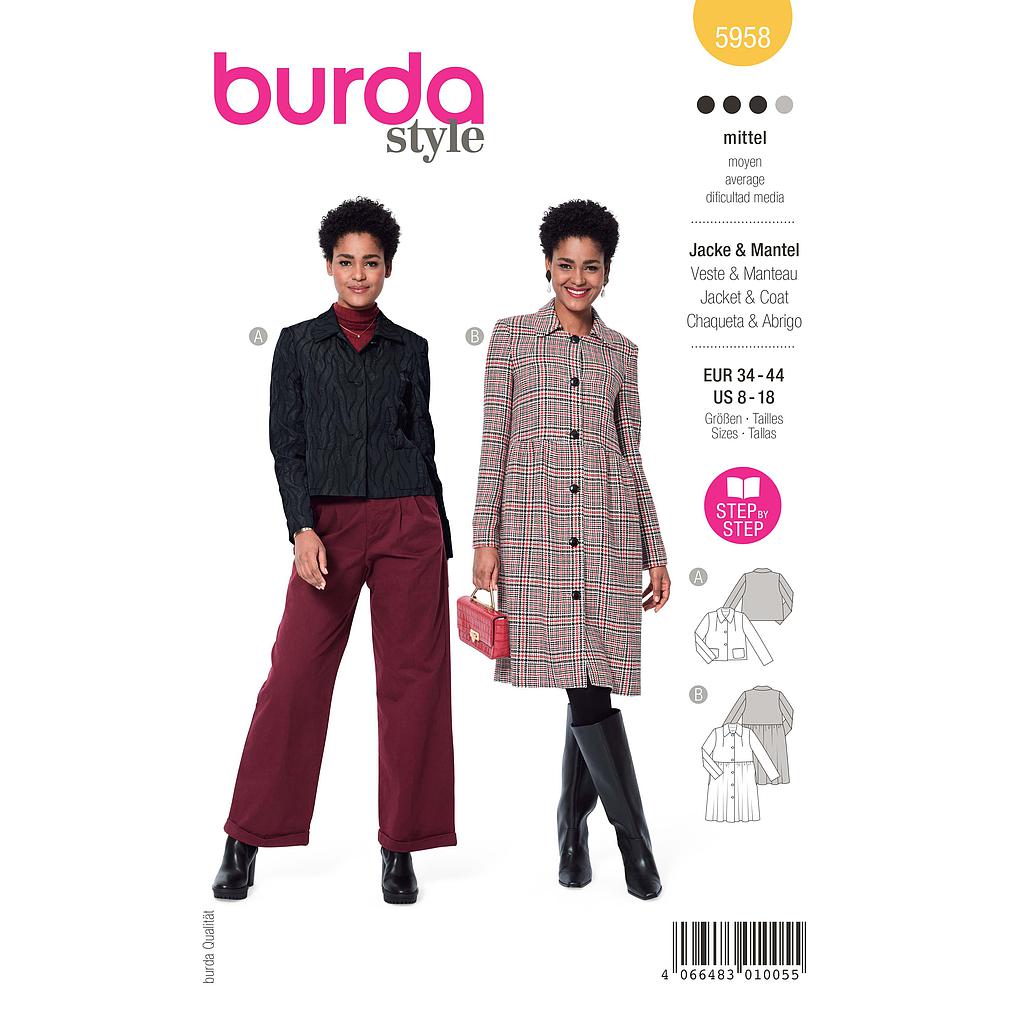 Patron Burda 5958 - Veste courte avec col et poches plaquées &amp; manteau au look féminin du 36 au 46 (FR)#