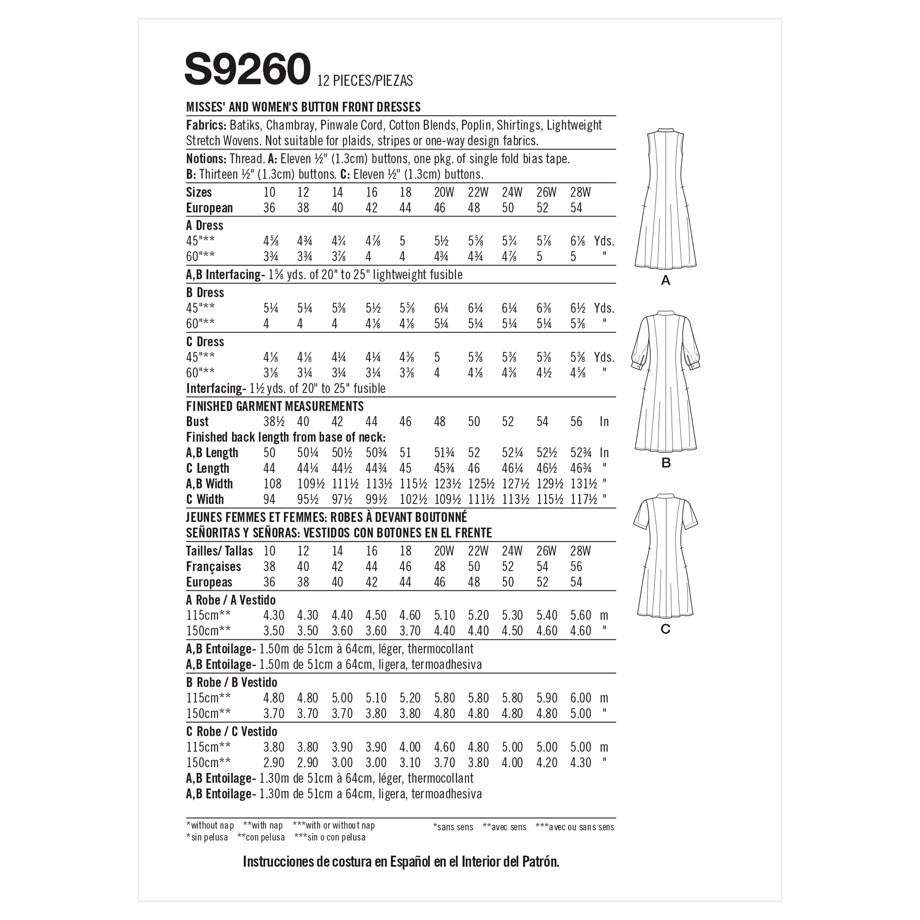 Patron Simplicity 9260 - Robe Chemisier du 38 au 56 (FR)