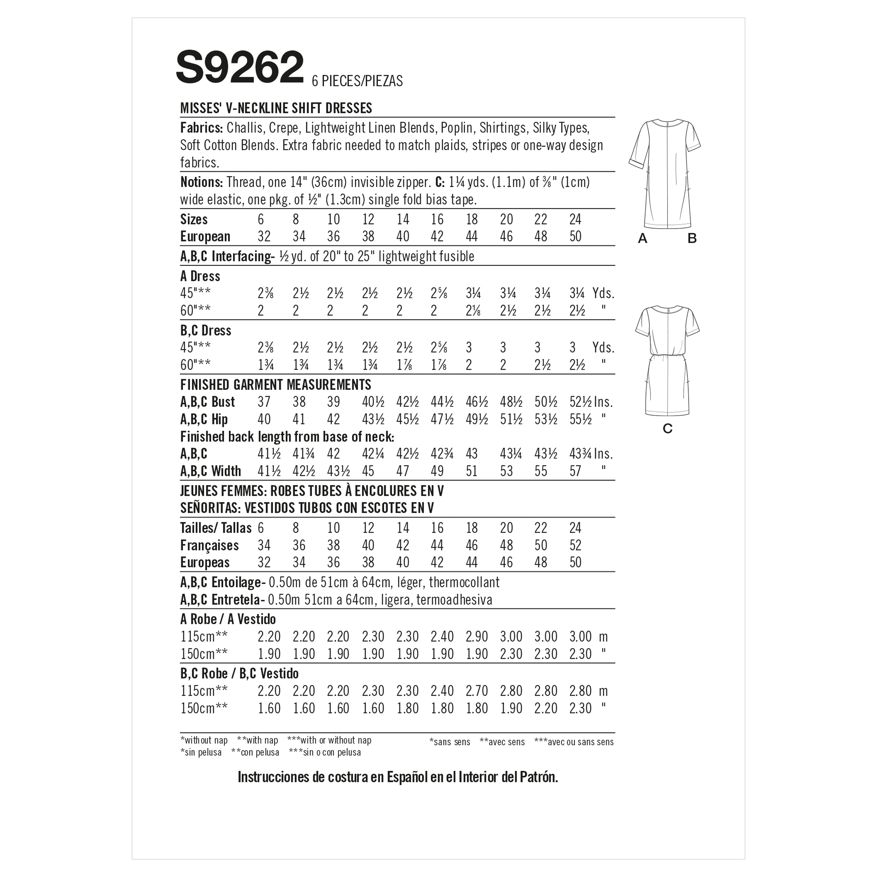 Patron Simplicity 9262 - Robe droite, décolleté V du 34 au 52 (FR)