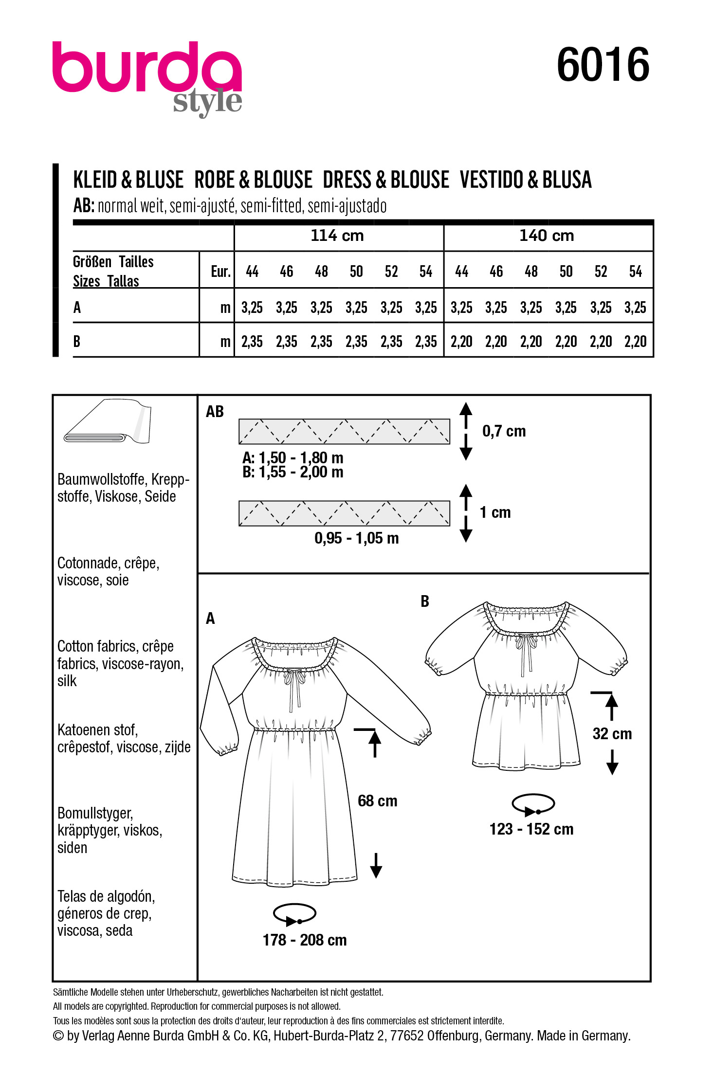 Patron Burda 6016 Blouse et Robe encolure Carmen et manches raglan du 46 au 56 FR activa france