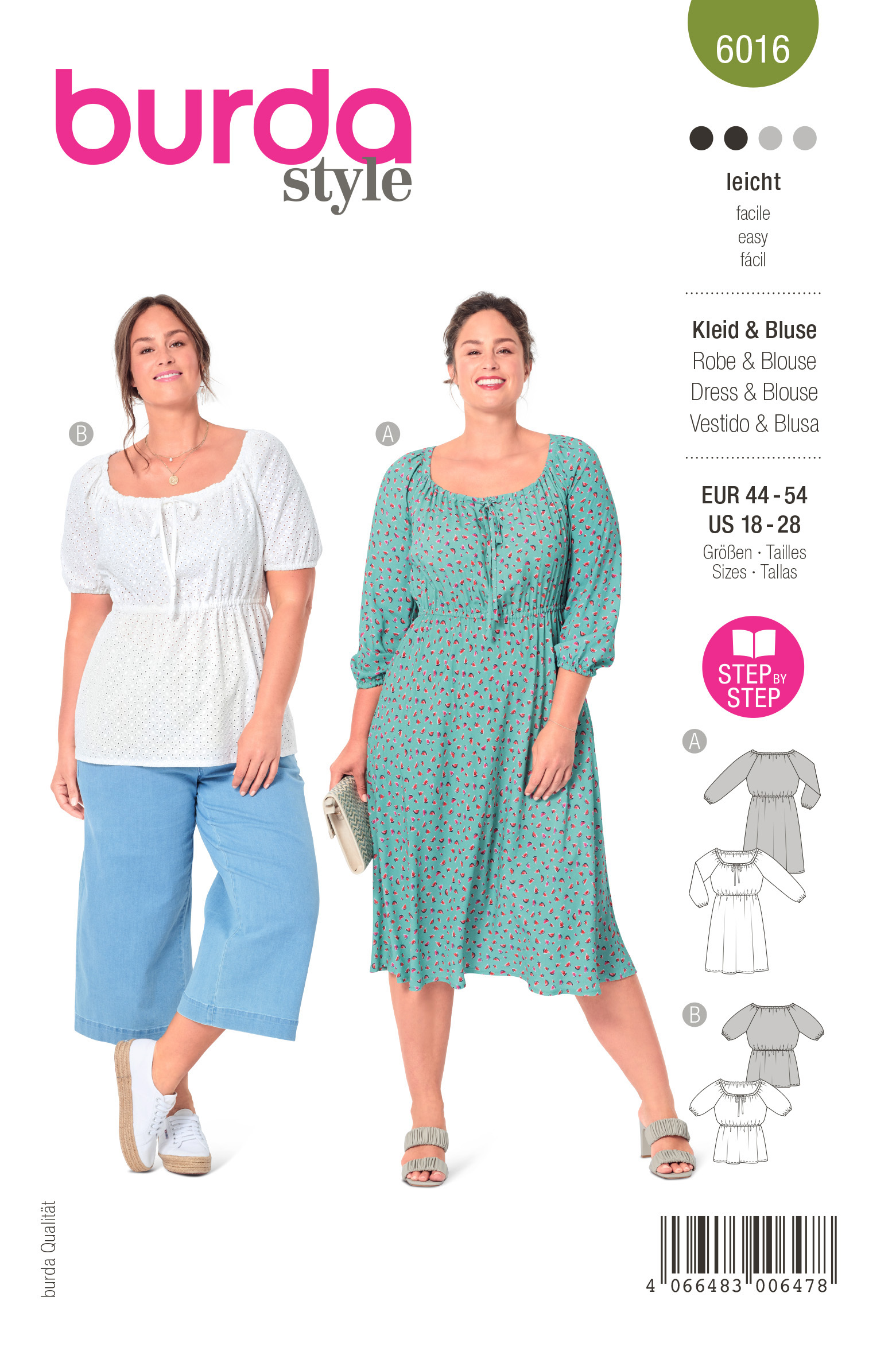 Patron Burda 6016 Blouse et Robe encolure Carmen et manches raglan du 46 au 56 FR activa france