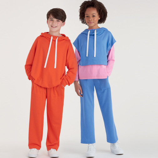 Patron Simplicity 9394 - Sweats à capuche, pantalons et hauts en tricot surdimensionnés pour garçons et filles du 4 au 14 ans