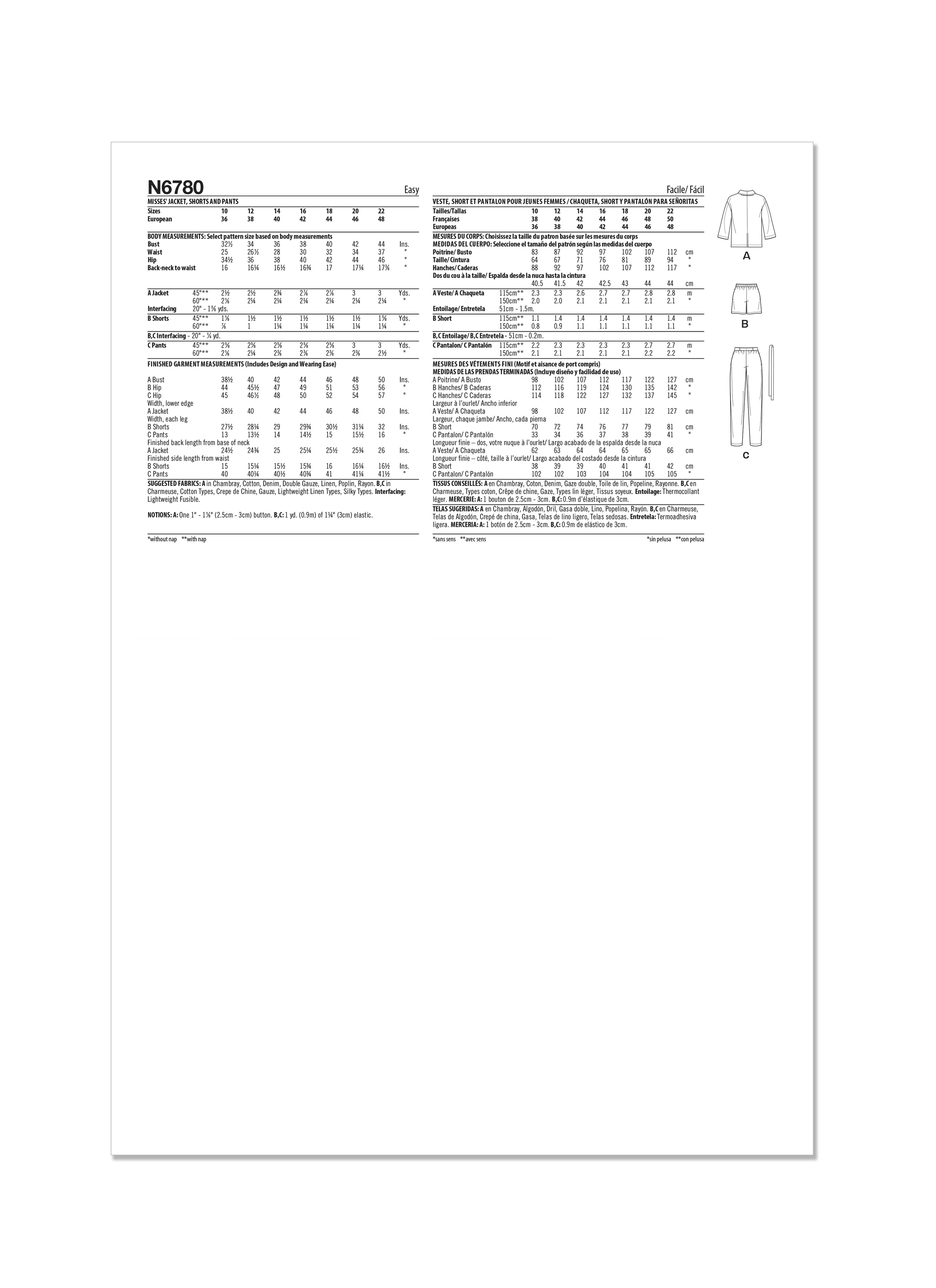 Patron New Look 6780 - Veste, Short et Pantalon pour Jeunes Femmes