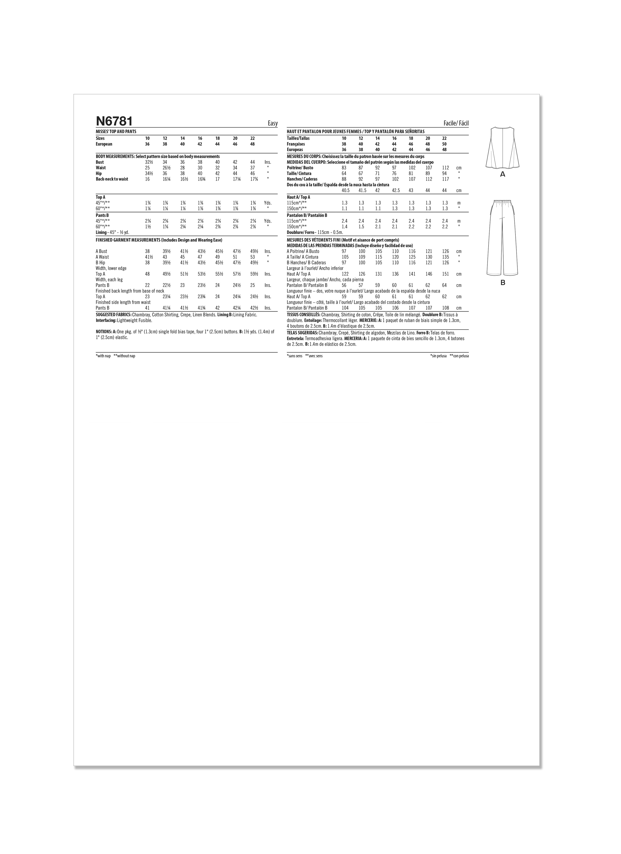Patron New Look 6781 - Haut et Pantalon pour Jeunes Femmes