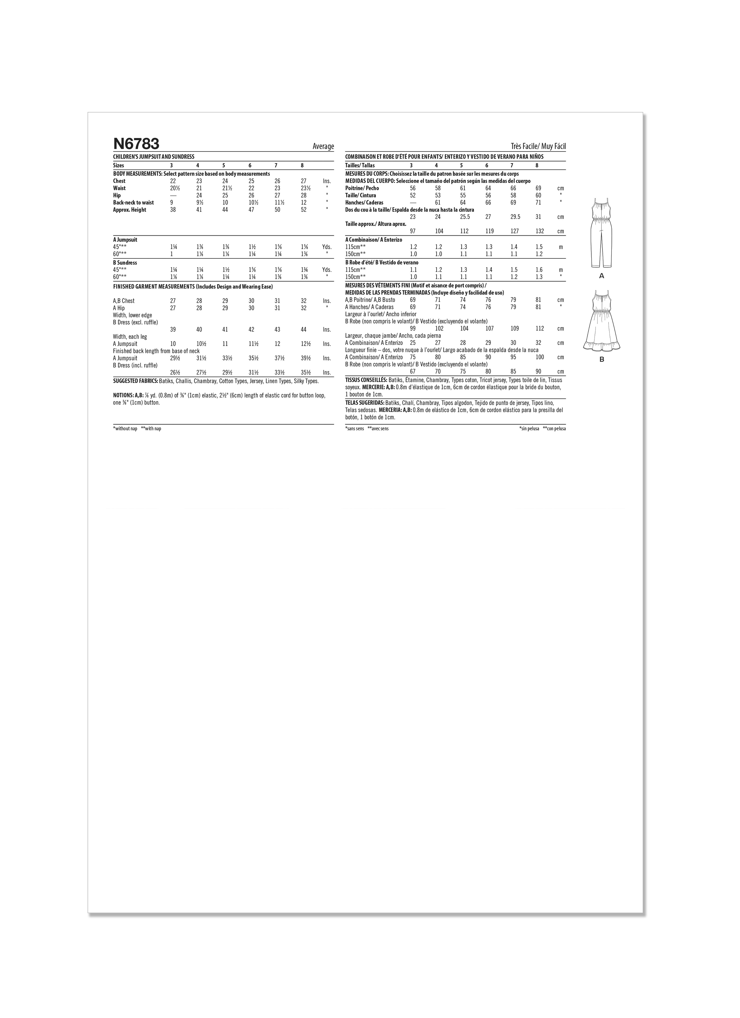 Patron New Look 6783  - Combinaison et Robe D’Été pour Enfants
