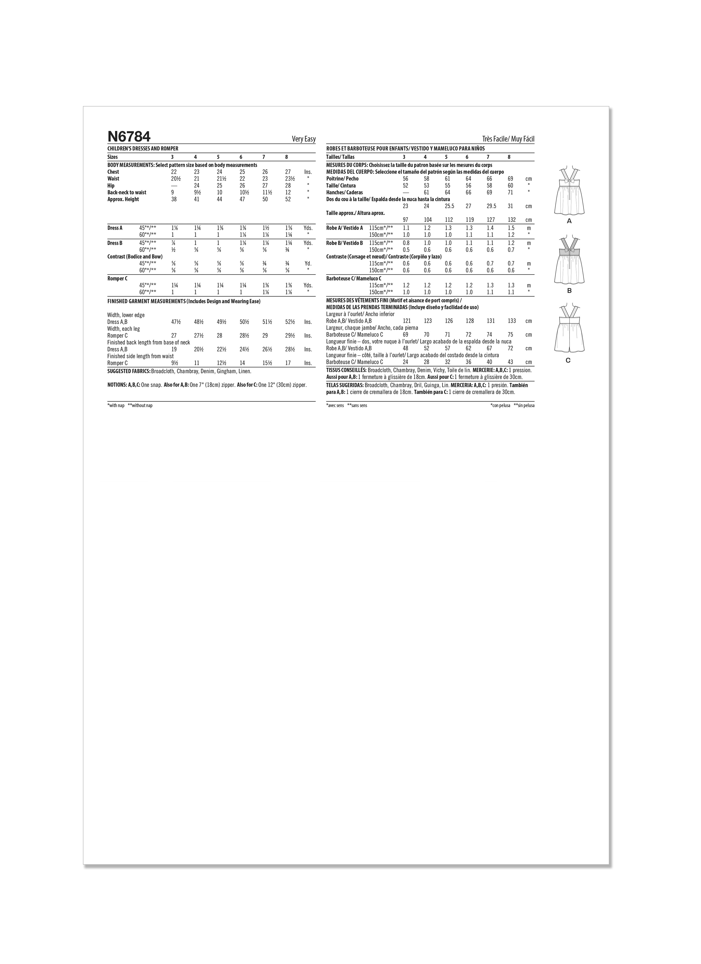 Patron New Look 6784 -  Robes et Barboteuse pour Enfants