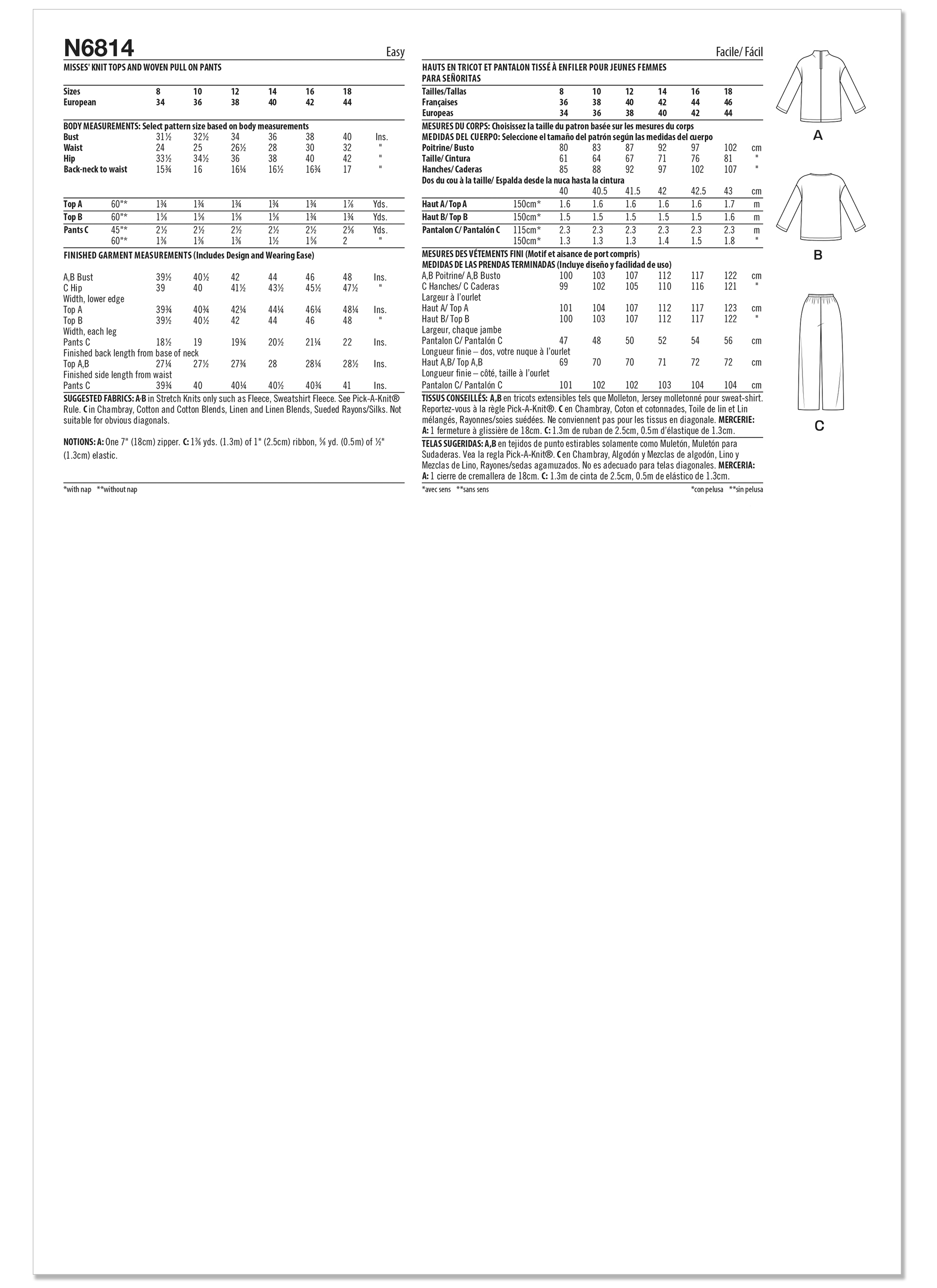Patron New Look 6814 -  Hauts en maille et pantalon