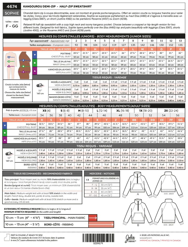 Patron Jalie 4674   SOPHIE - Kangourou demi-zip