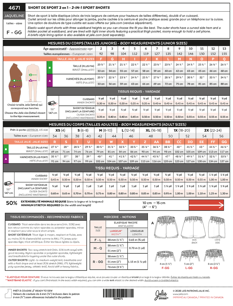 Patron Jalie 4671   JACQUELINE - Short de sport 2 en 1