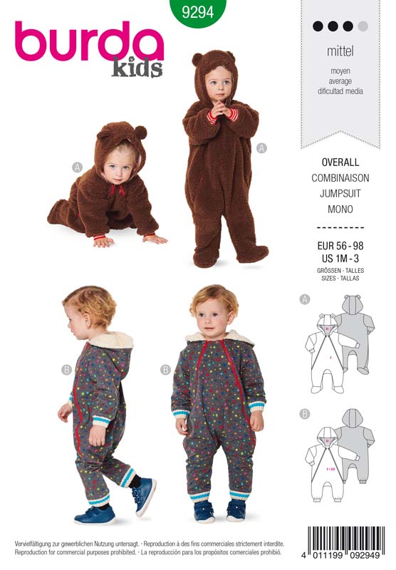 Patron Burda 9294 Combinaison bébé zippée capuche - du 56 au 98