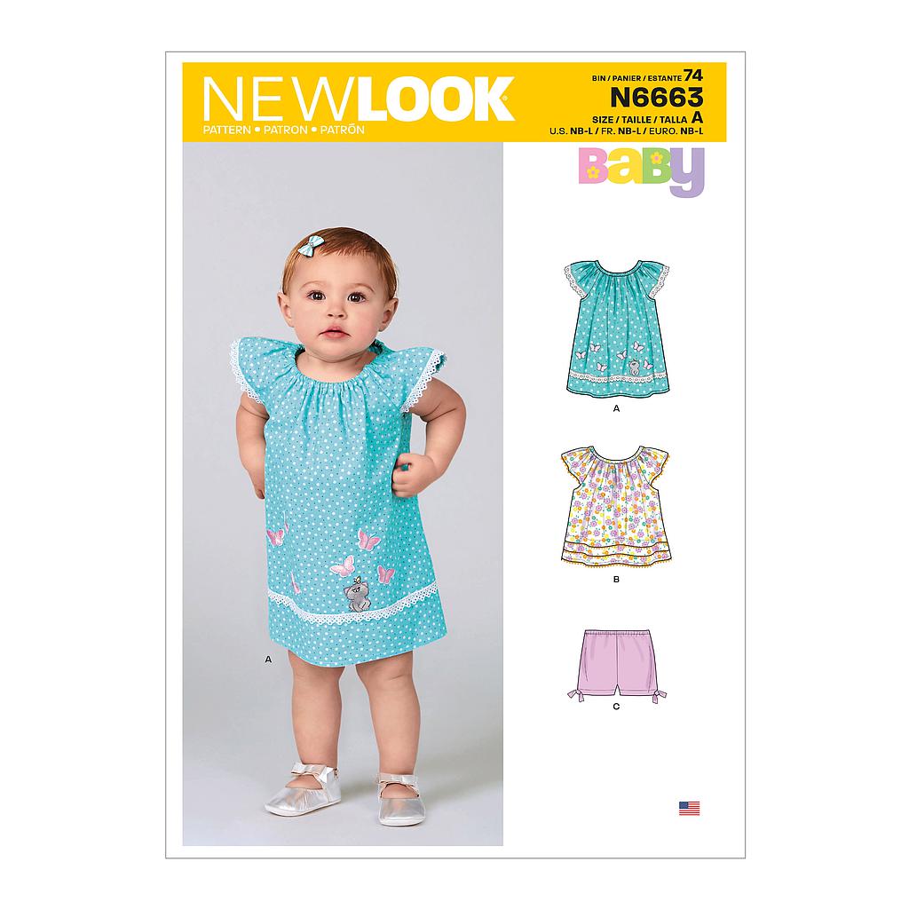 Patron New Look 6663 -  Robe pour bébé, haut avec appliques et garnitures et pantalon avec nœuds à l'ourlet#