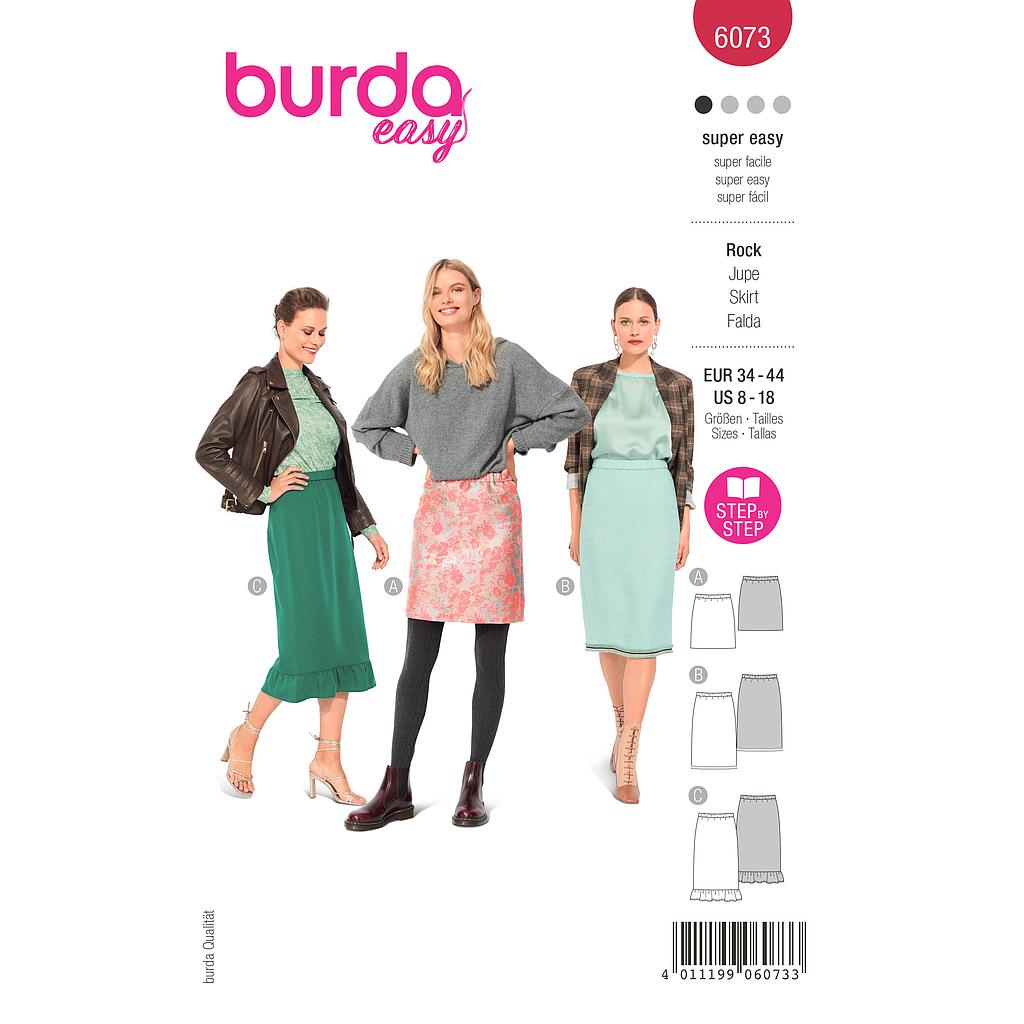 Patron Burda 6073 - Jupe en trois longueurs avec ceinture élastiquée, forme ajustée du 36 au 46