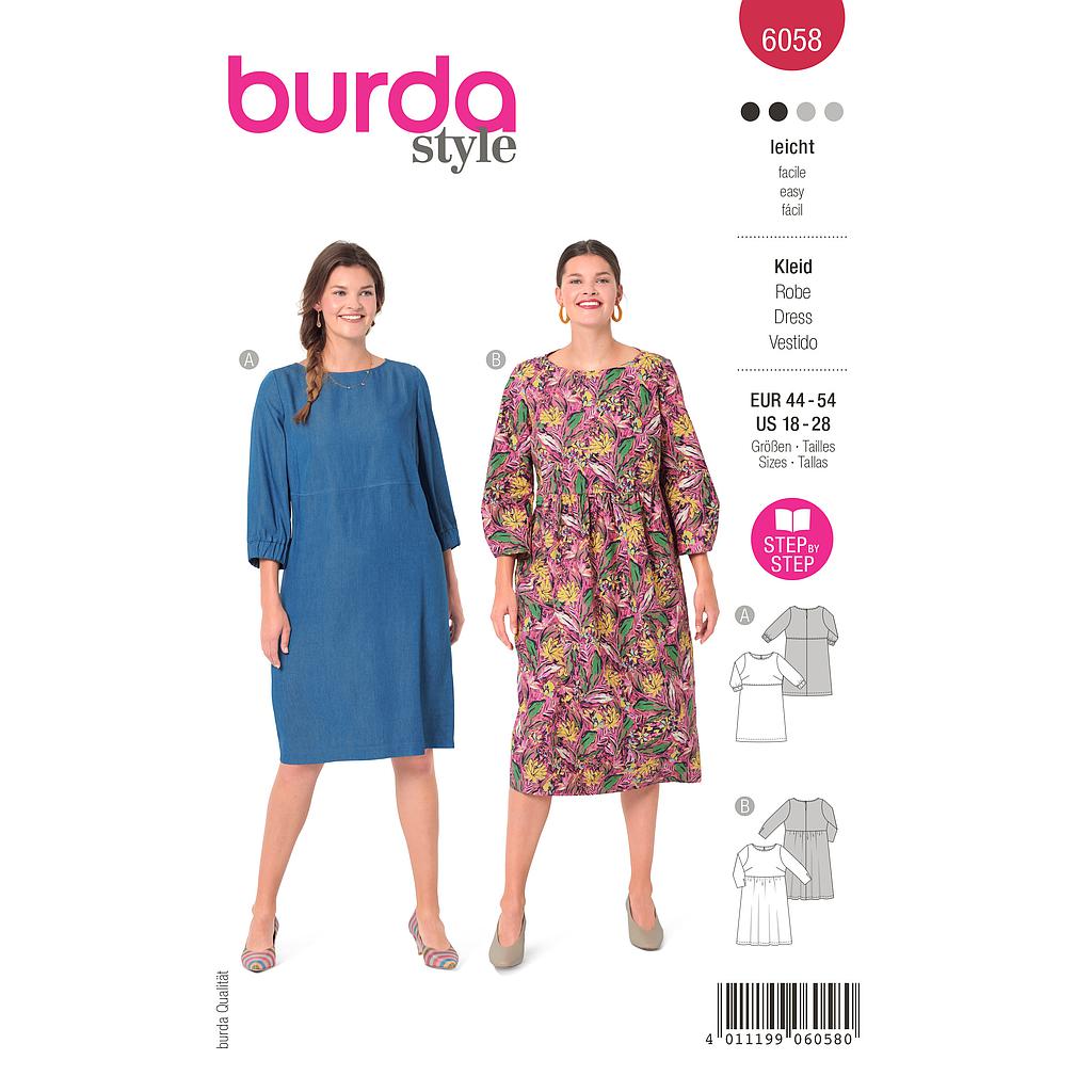 Patron Burda 6058 - Robe – tombé fluide – manches 3/4 du 46 au 56