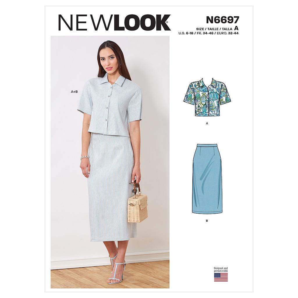 Patron New Look 6697 - Ensemble Top boutonné et jupe crayon du 34 au 46