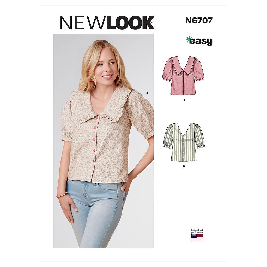 Patron New Look 6707 -  Chemisier Femme avec ou sans col et manches bouffantes du 32 au 44 (FR)