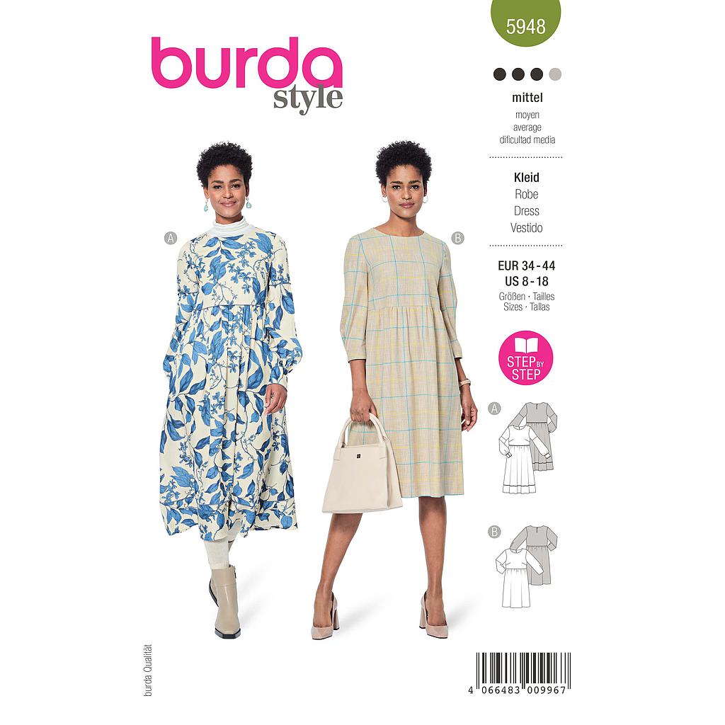 Patron Burda 5948 - Robe taille haute et encolure ronde du 36 au 46 (FR)