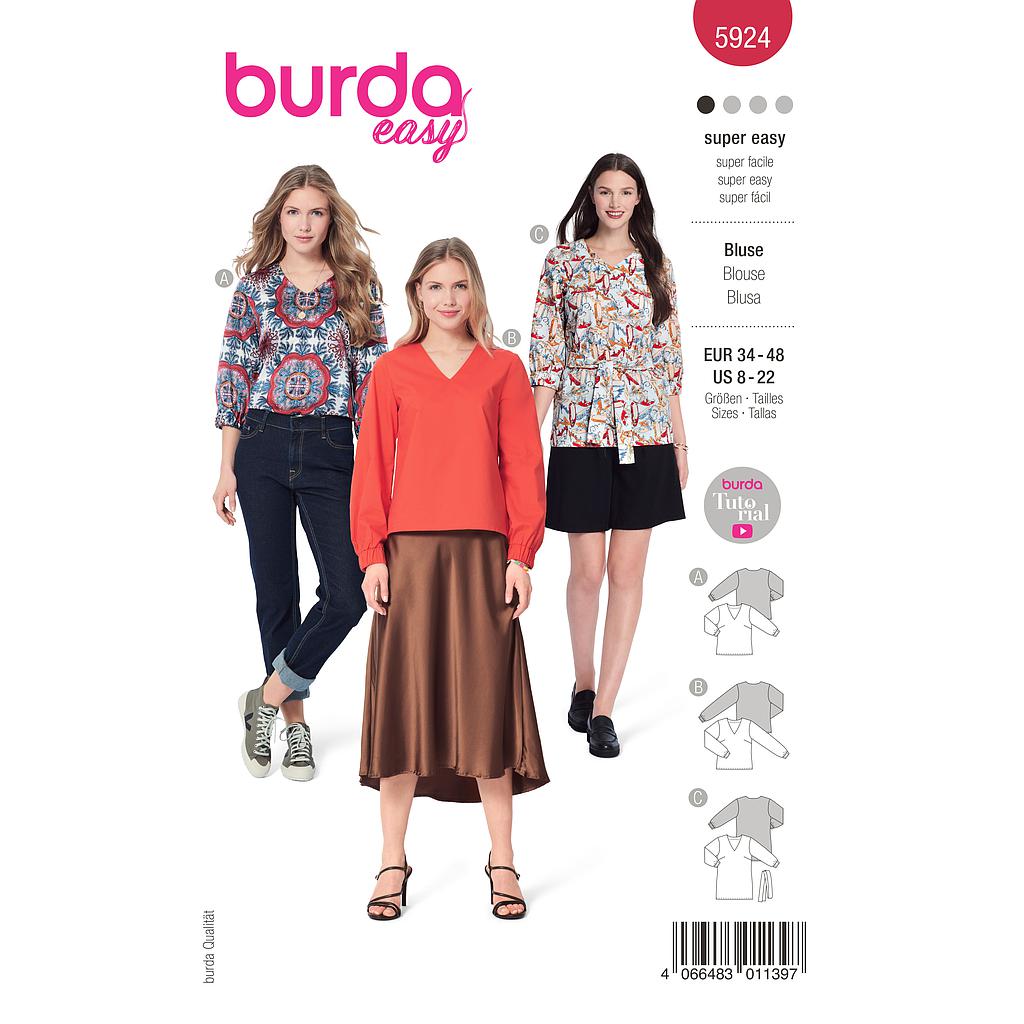 Patron Burda 5924 - Blouses sans fermeture avec une encolure V du 34 au 48 (FR)