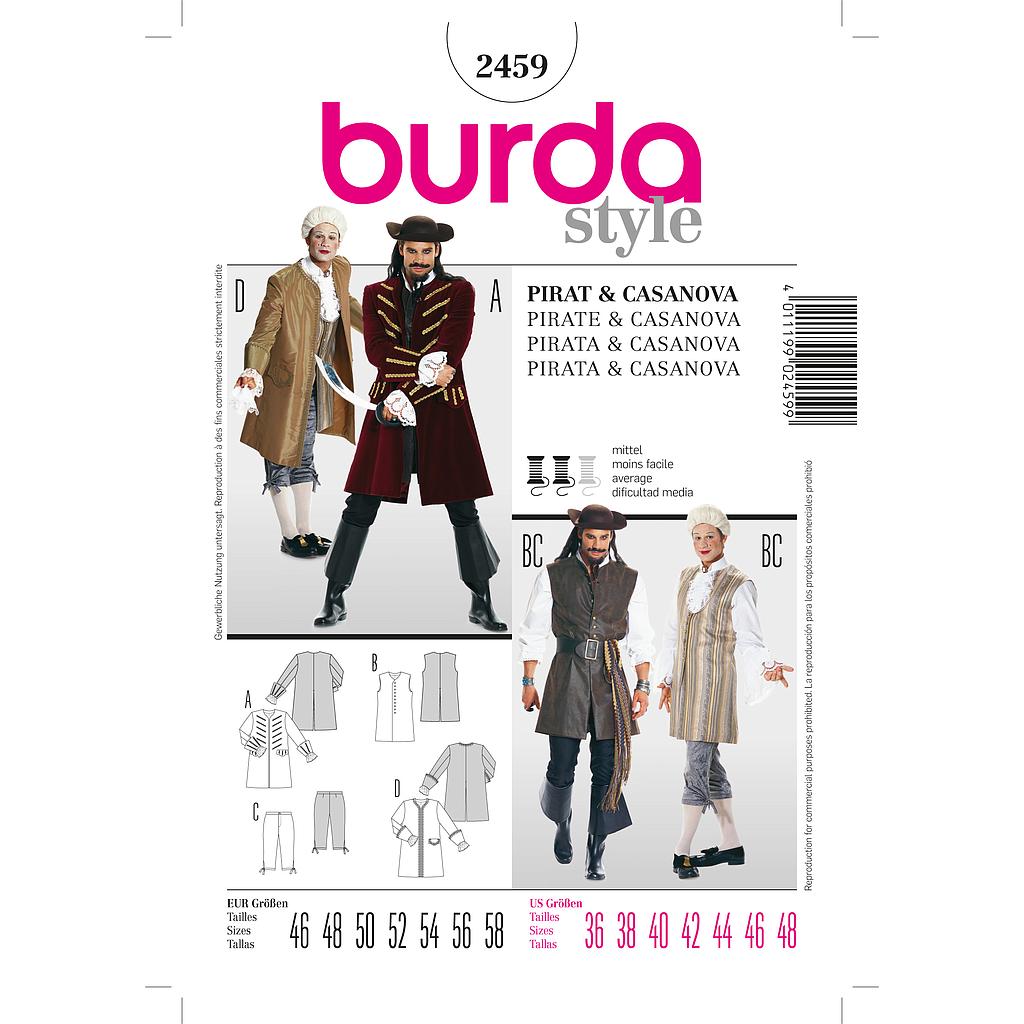 Patron Burda Carnaval 2459 - Déguisement Historique Pirate & Casanova Homme