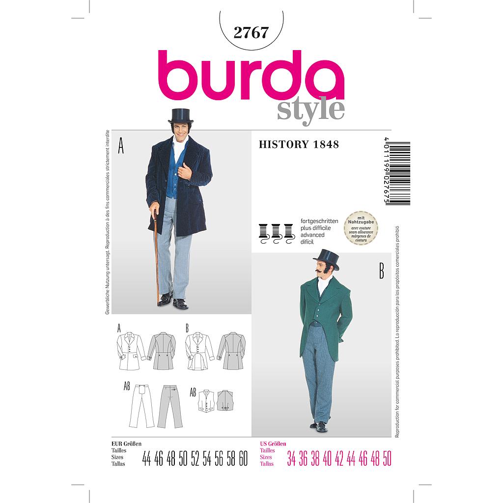 Patron Burda Cranaval 2767 - Déguisement Historique  époque 1848 Homme 