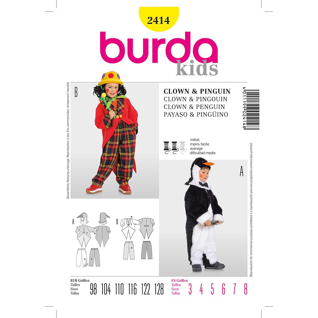Patron Burda Carnaval 2414 - Déguisement Pingouin et  Clown enfant