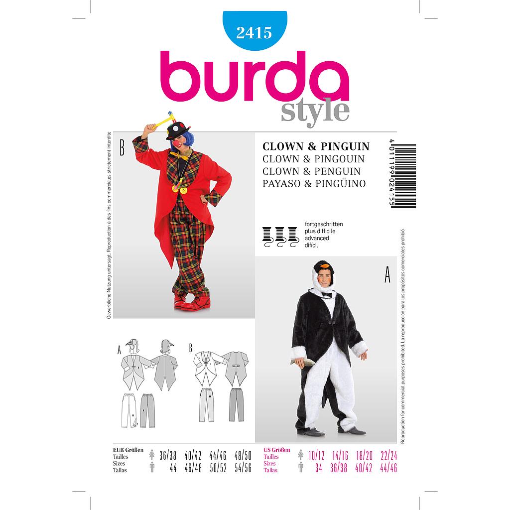 Patron Burda Carnaval 2415 - Déguisement Pingouin &amp; clown Adulte Mixte
