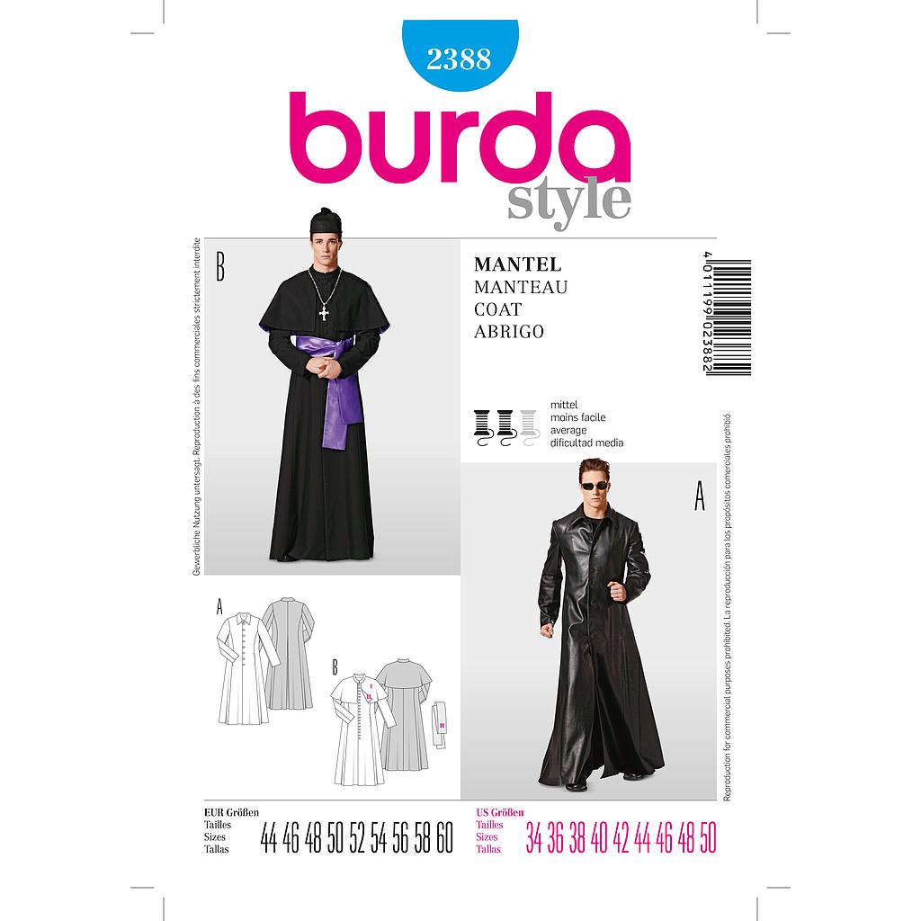 Patron Burda Carnaval 2388 - Déguisement Manteau Prêtre et Cosplay Homme