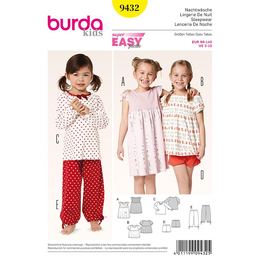 Patron Burda 9432 Kids Lingerie de nuit