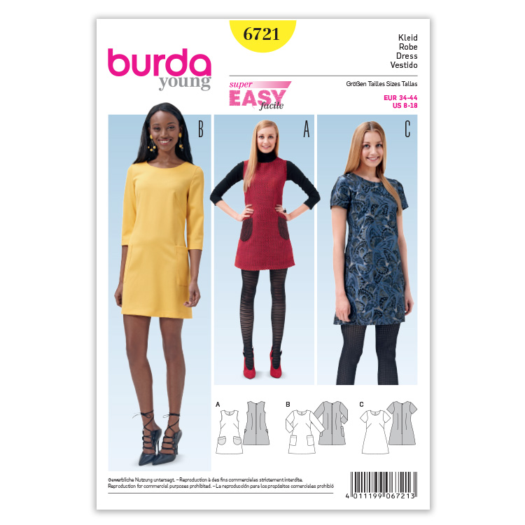 Patron Burda 6721 : Robe droite légèrement évasée avec variations de manches du 36 au 46 (FR)