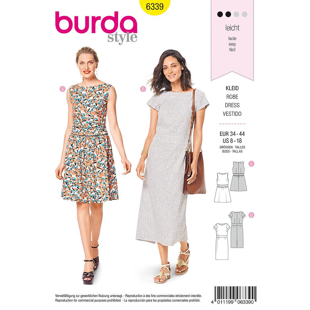 Patrón de costura para confeccionar vestido de mujer Burda 6339 en inglés y alemán tallas 34-44 