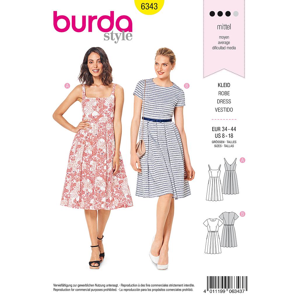 Patrón Burda 6343 - Vestido para mujeres del 34 al 44