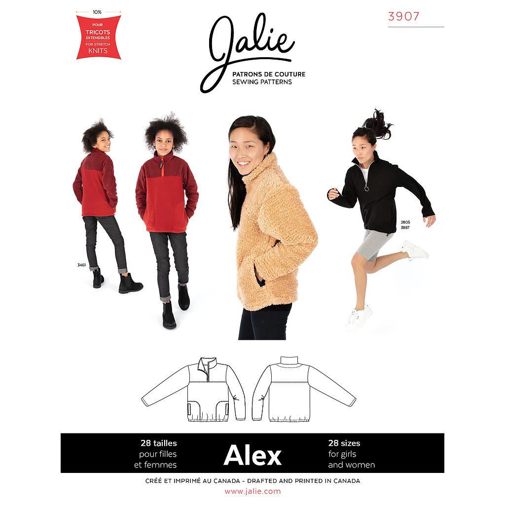 Patron JALIE 3907 ALEX pull ample demi - zip pour filles, garçons et femmes de 36 à 58 et filles de 2 à 13 ans