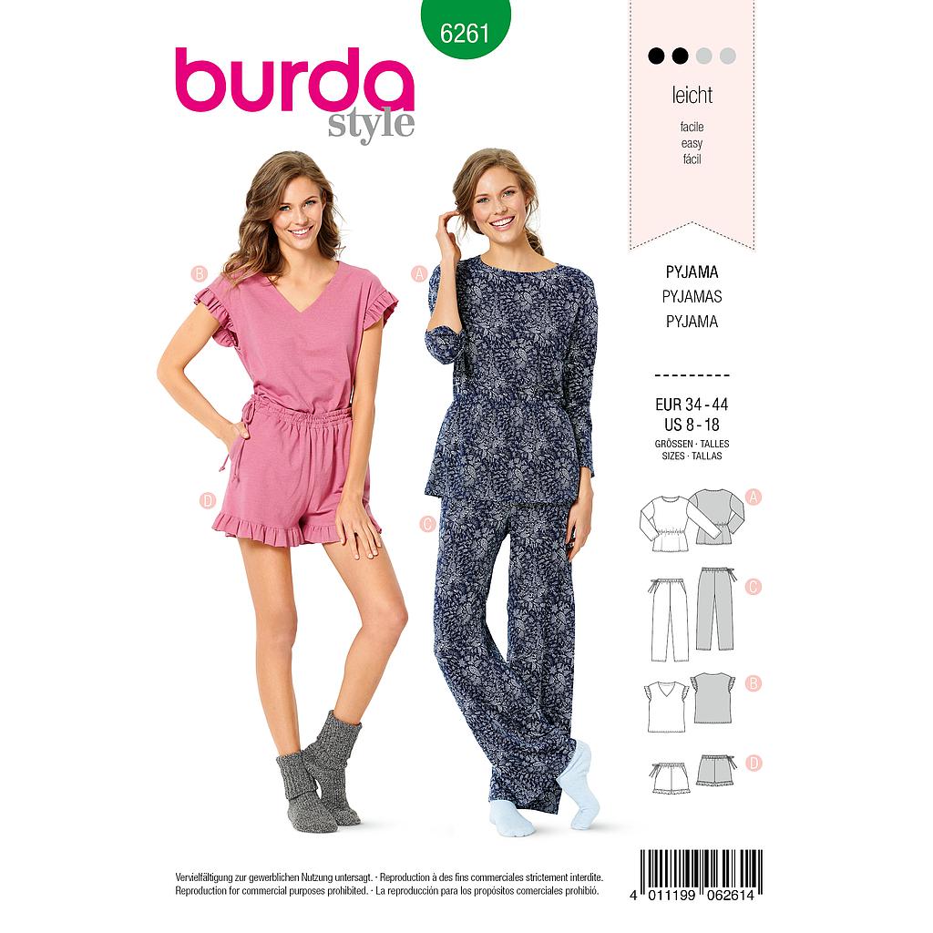 Patron Burda 6261 Pyjama et pyjashort pour femmes de 36 à 46
