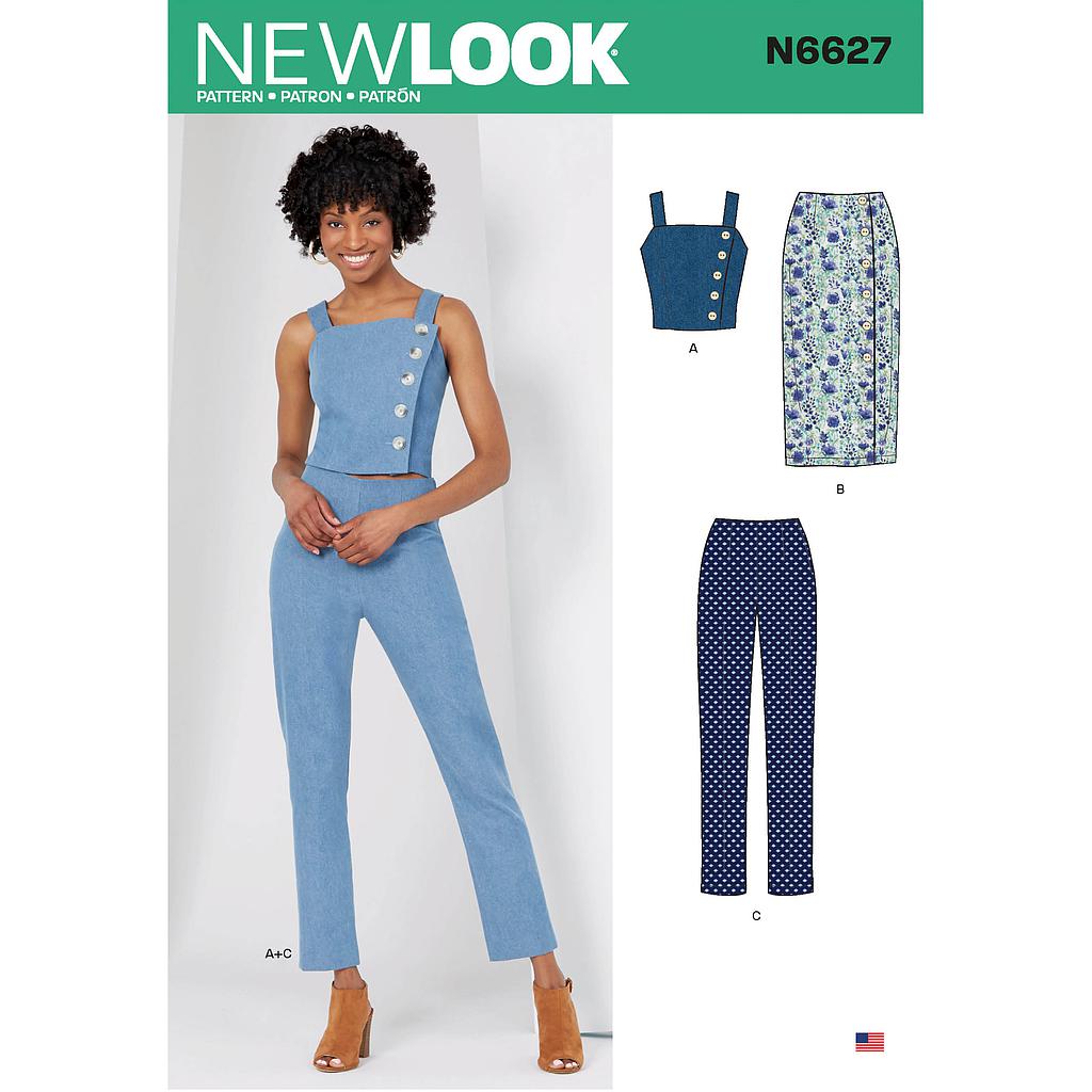 Patron New Look 6627 Jupe crayon, legging et haut court de 34 à 46