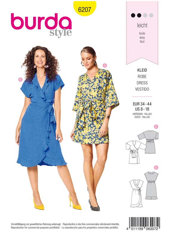 Patron Burda 6207 Robe kimono portefeuille arrondie et volantee avec ceinture n ud ruban du 36 au 46
