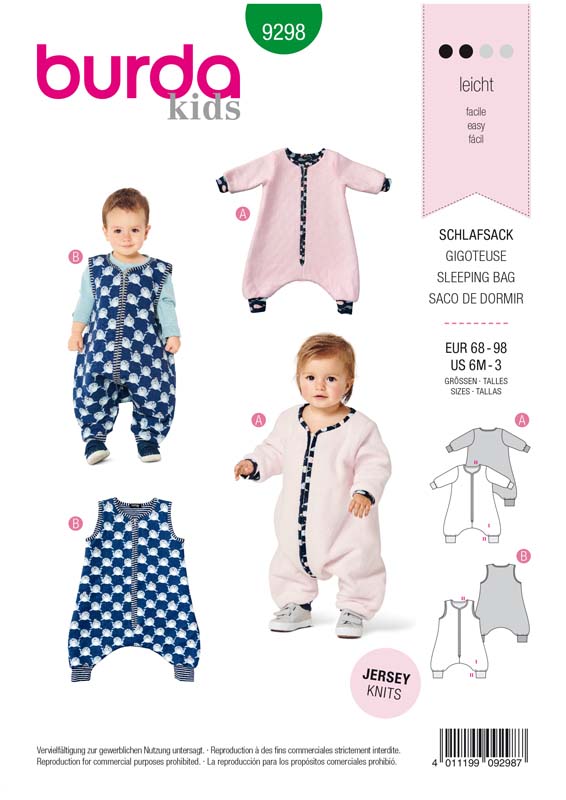 Patron Burda 9298 Combinaison - Gigoteuse bébé avec des jambes - de 6 à 36 mois