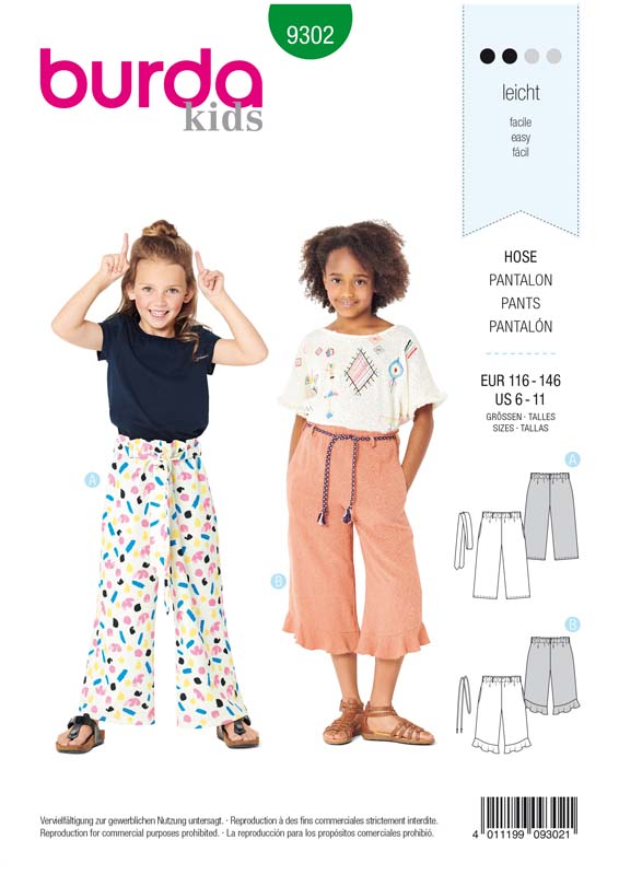 Patron Burda 9302 Pantalon fille léger à coulisse élastiquée ou pantacourt  7/8 - de 6 à 11 ans