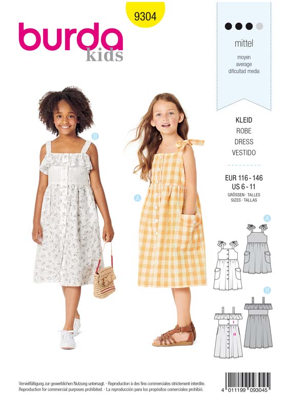 Patron Burda 9304 Robes chemise fille a bretelles col bardot de 6 a 11 ans activa france