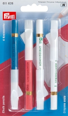Prym - Crayon craie avec brosse à effacer 11 cm -  blanc + rose + bleu - 4 pièces
