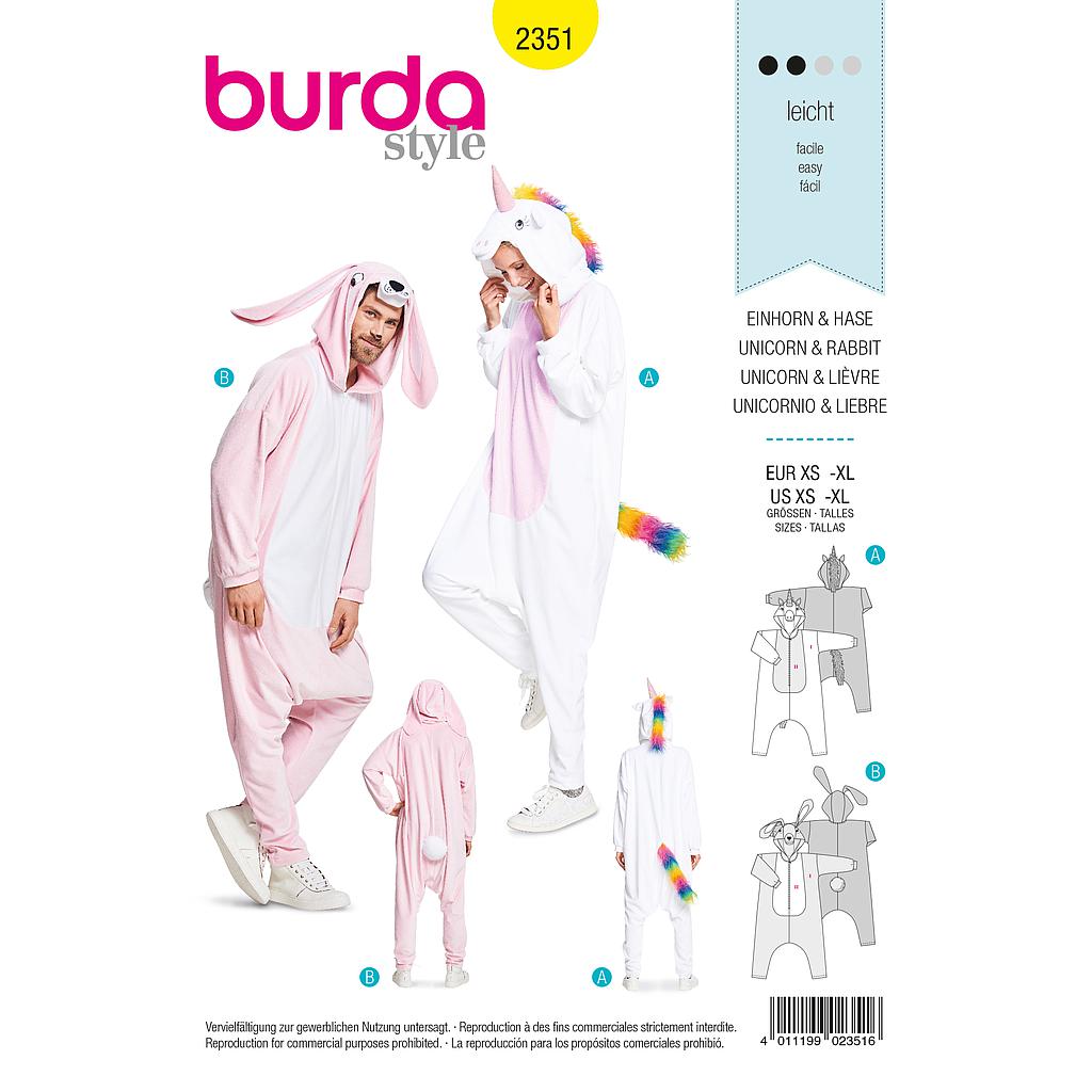 Patron Burda Carnaval 2351 - Combinaison lapin et Licorne Adulte