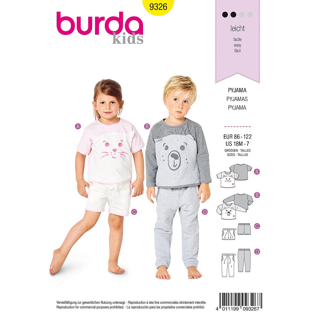Patron Burda 9326 - Pyjama pour enfants de 18 mois à 7 ans