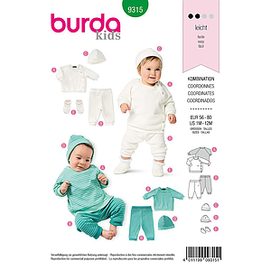Patron Burda 9315 Sweat, pantalon, bonnet et chaussons pour bébés de 1 à 12 mois