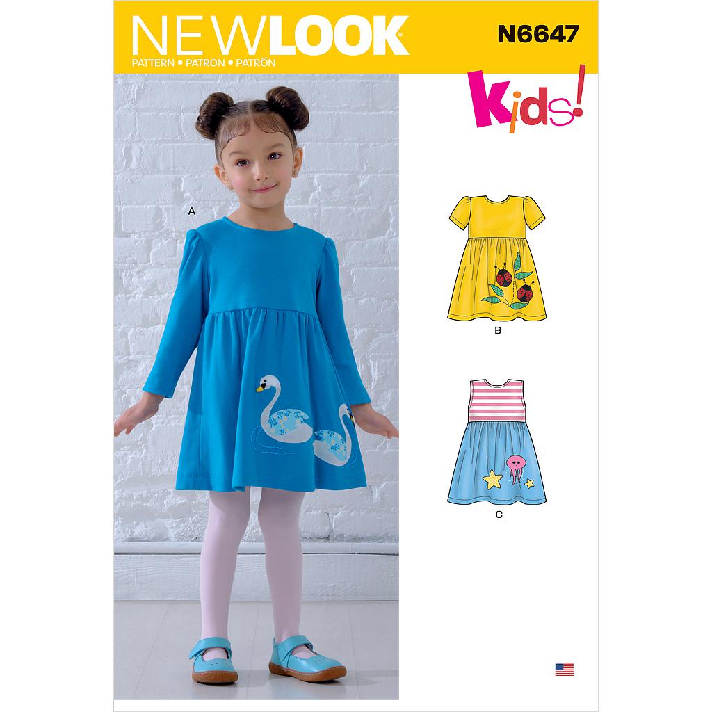 [NL6647] Patron New Look 6647 Robe fillette avec appliqués de 6 mois à 4 ans