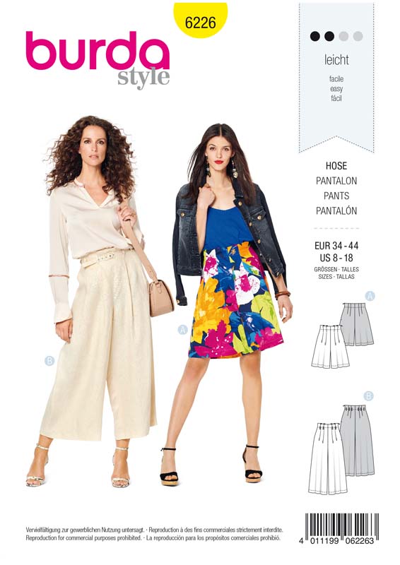[B6226] Patron Burda 6226 Bermuda femme ou pantalon façon jupe - culotte taille haute - du 36 au 46