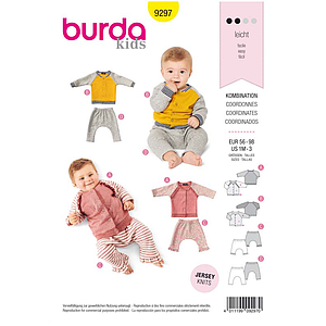 Patron Burda 9297 Ensemble bébés Veste sweaTee-Shirt manches raglan à col droit et pantalon élastique - de 1 à 36 mois