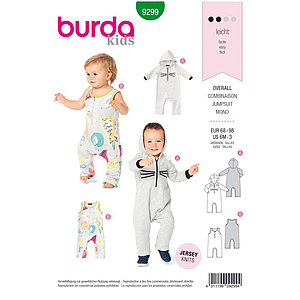 Patron Burda 9299 Combinaison bébé Onesie à capuche avec ou sans manche - de 6 à 36 mois