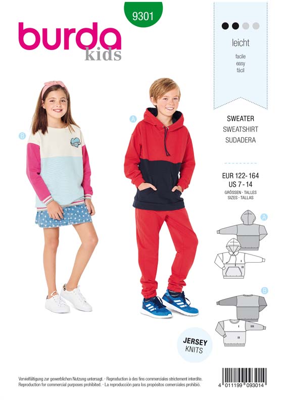 [B9301] Patron Burda 9301 SweaTee-Shirt – hoodie enfant avec ou sans capuche - de 7 à 14/16 ans