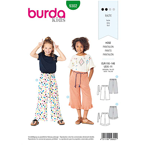 Patron Burda 9302 Pantalon fille léger à coulisse élastiquée ou pantacourt  7/8 - de 6 à 11 ans